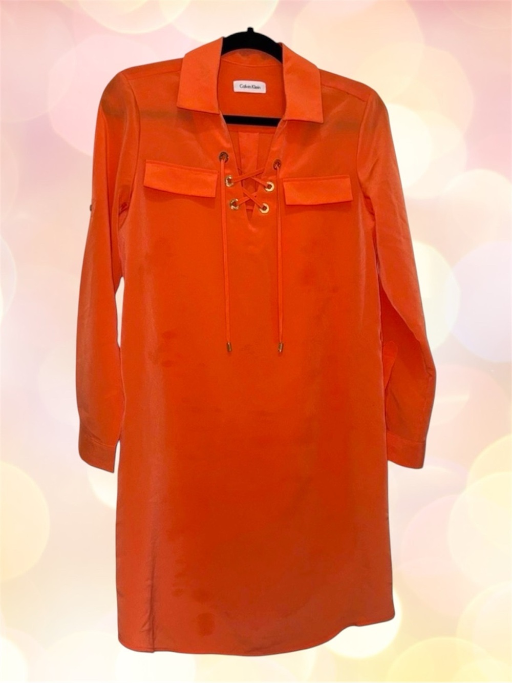 Calvin Klein Orange Tie Front Long Sleeve Polo Dress